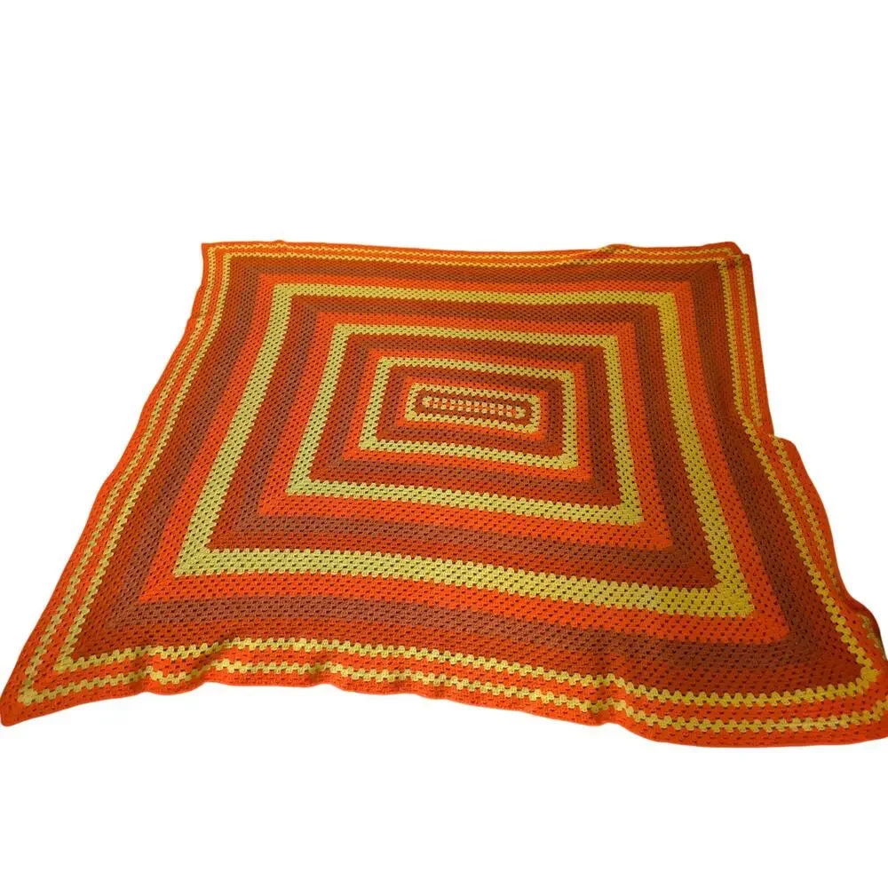 70s Crochet Bright Orange Afghan Knitted Blanket Handmade Vintage 70X77in